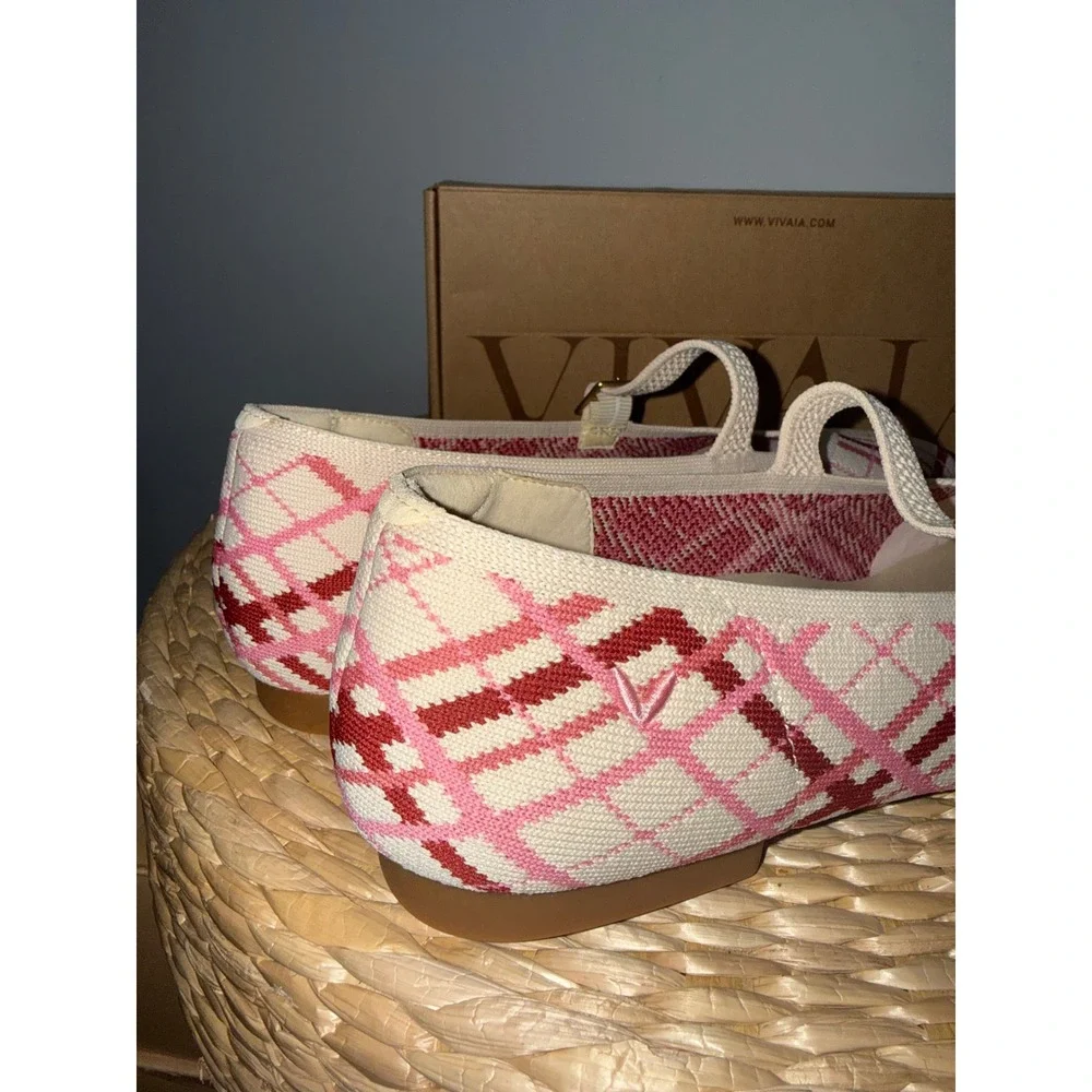 VIVAIA Square Toe Knit  Flats Pink Plaid Buckle Strap Shoes size‎ EU/41 US/9.5